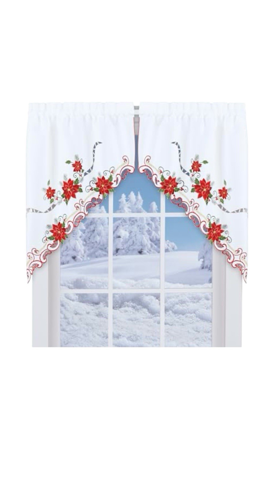 Exquisite Holiday Poinsettia Embroidered Curtains with Rod-Pocket Top