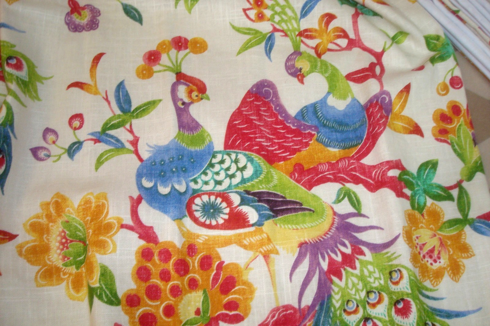 New Custom DRAPES Lined 2 pc LINEN Peacock Floral Fiesta Lark Pleated 96″ lg