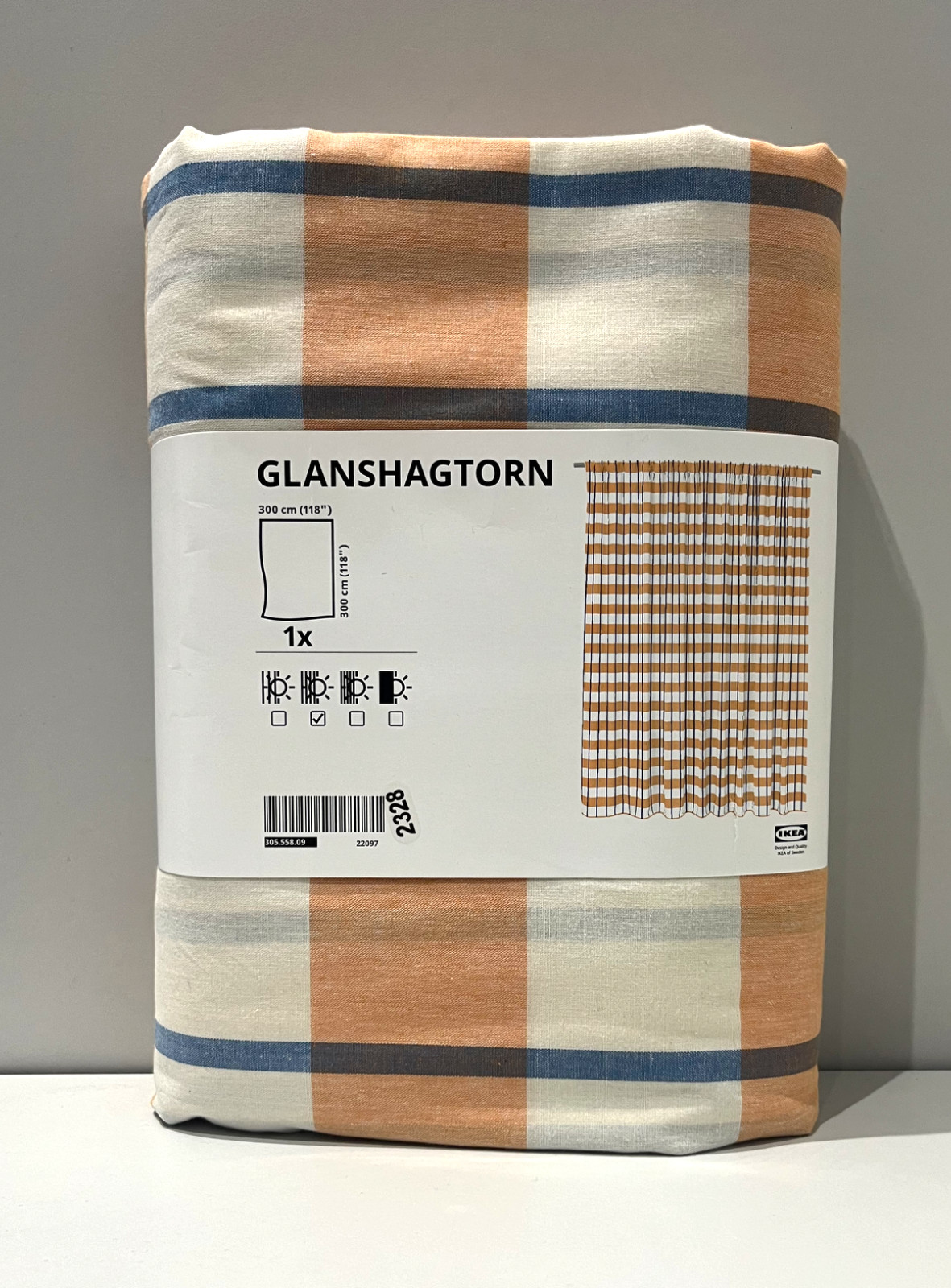 IKEA GLANSHAGTORN Curtain, 1 Piece, Orange White/Blue 300×300 cm, 118×118″ NEW
