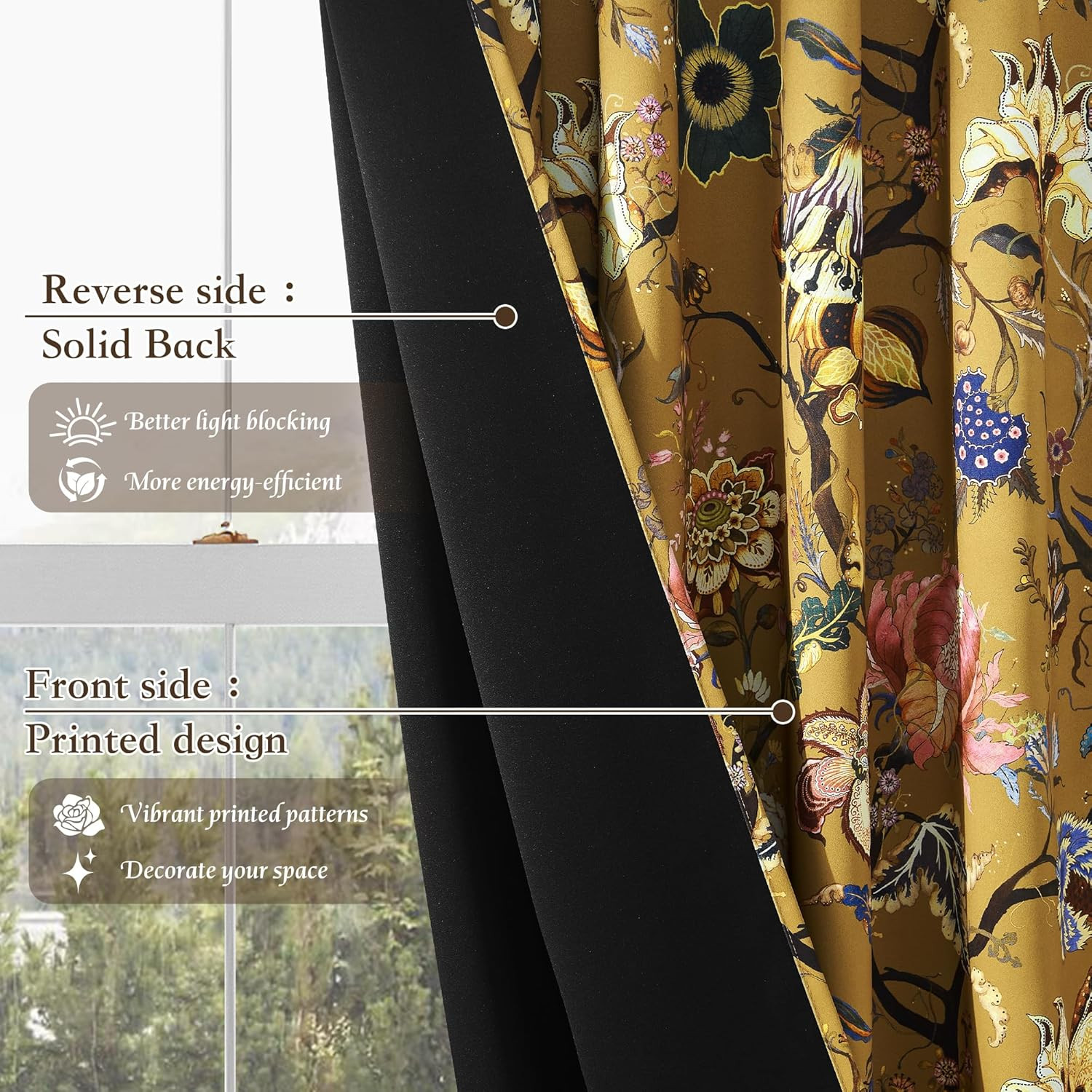 StangH Gold Brown Floral Blackout Curtains 84 Inches Long for Balcony，Vibrant Fl