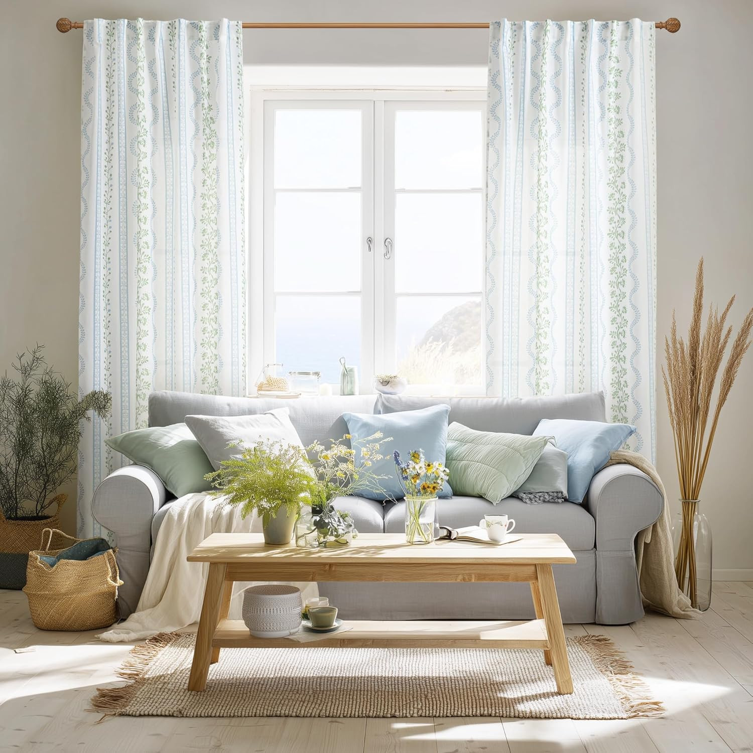 Short Floral Curtains for Kitchen & Bathroom Window, 45 Inch Length Blue Green V