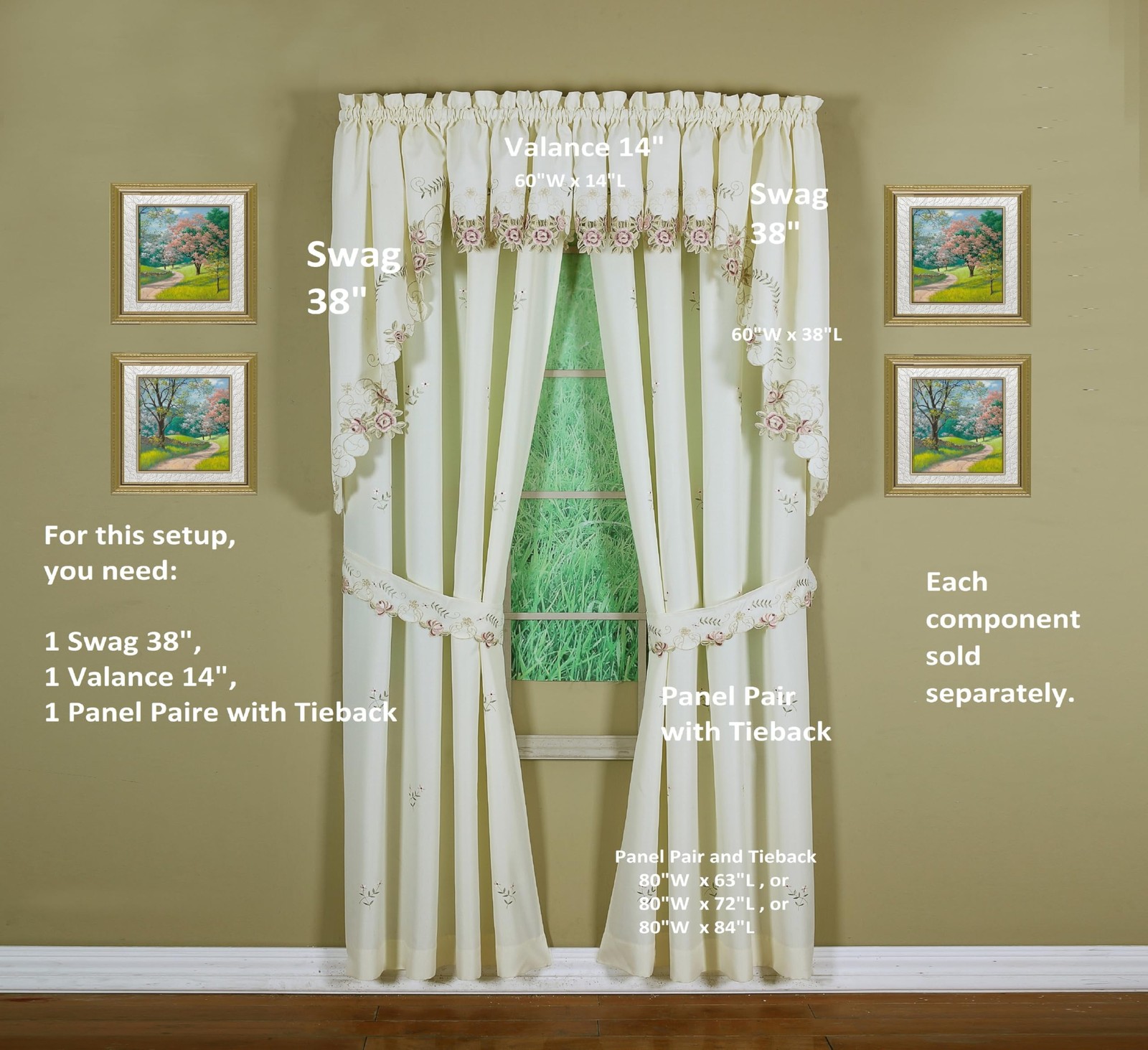 Verona Reverse Embroidery Panel Pair and Tiebacks, 63″, Ecru/Rose, 80″ W X 63″ L