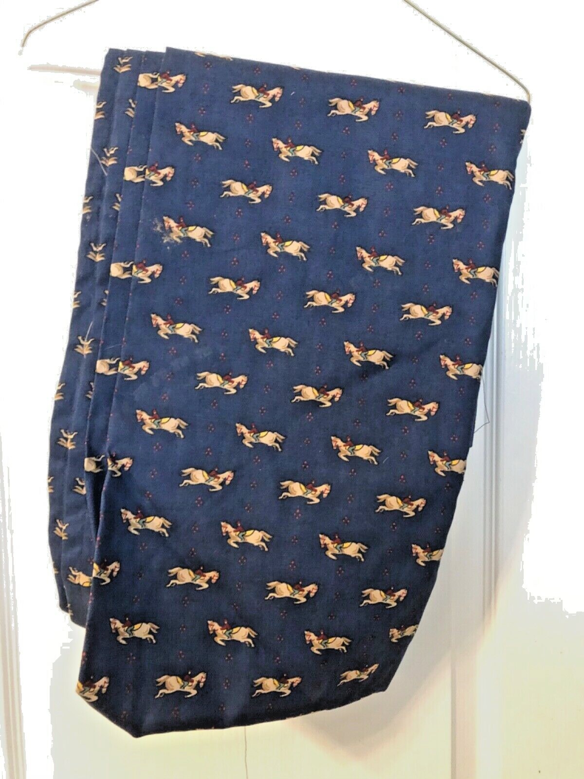 2 VINTAGE BLUE/GOLD COTTON PANELS WITH JUMPING HORSES AND RIDER EACH 47 X 64