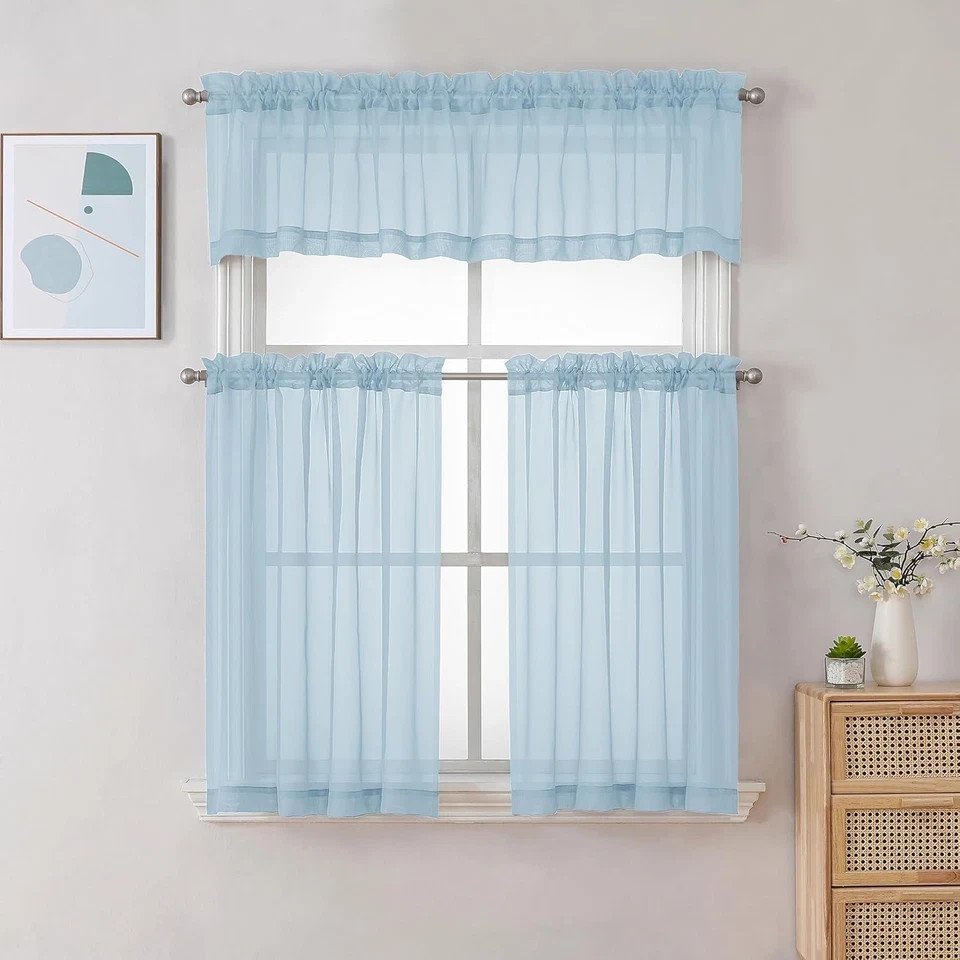 Sheer Valances for Windows 2 Pack, Small 42″W x 14″L (Pack of 2) Sky Blue