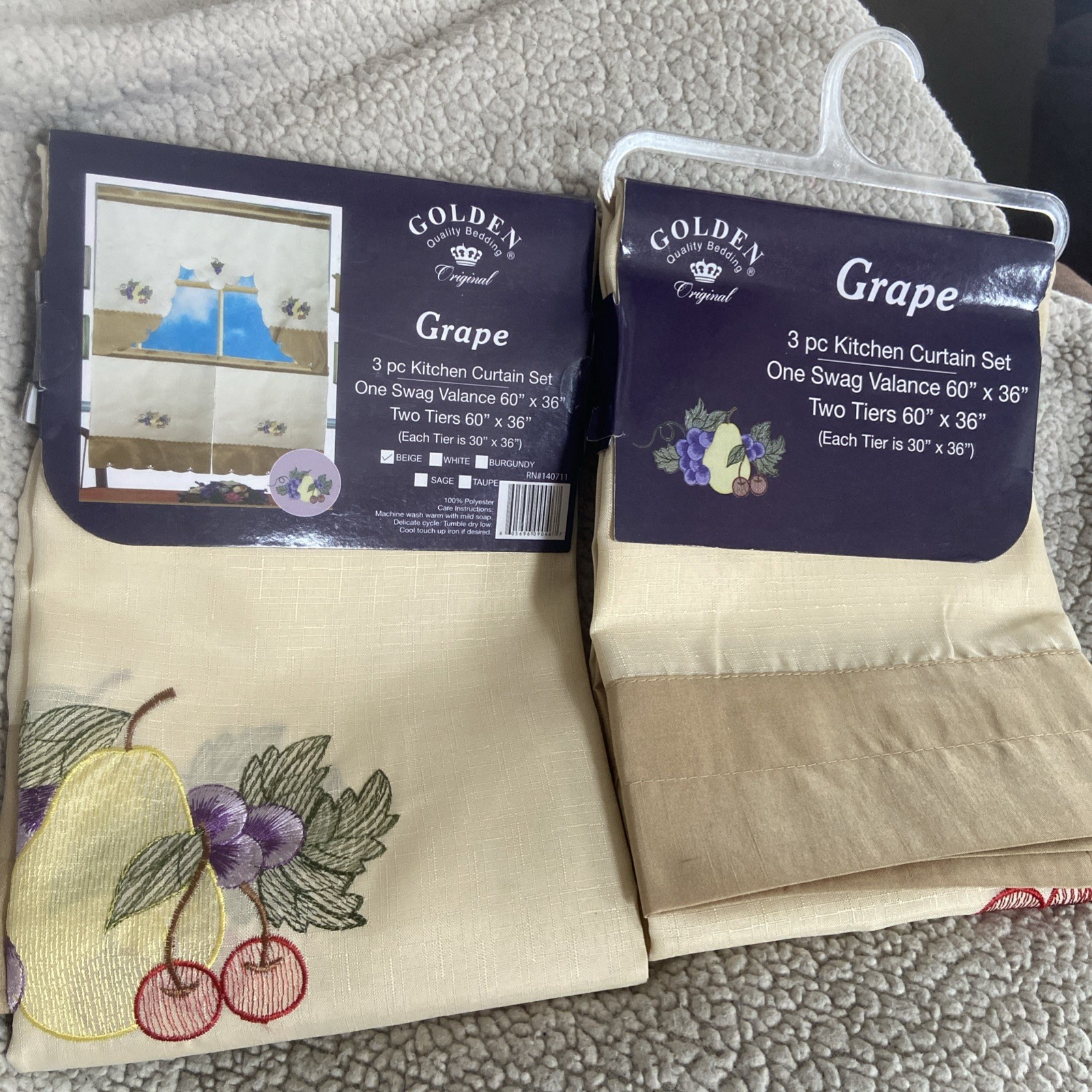 Lot Of 2 Golden Quality Bedding Three Piece Grape Kitchen Curtain Set