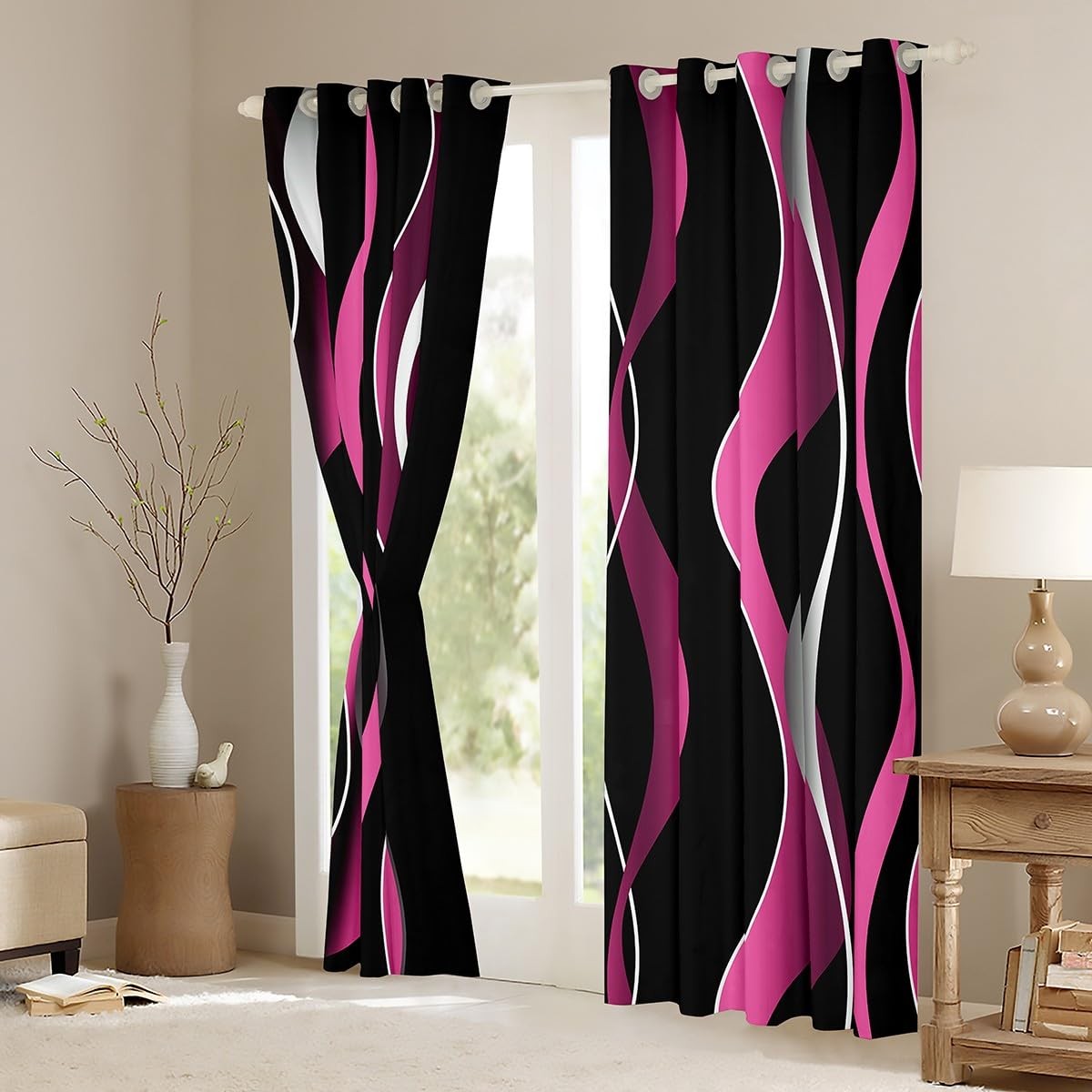 Gray Black Pink Stripe Darkening Drapes Modern Abstract Art Window Curtains G…