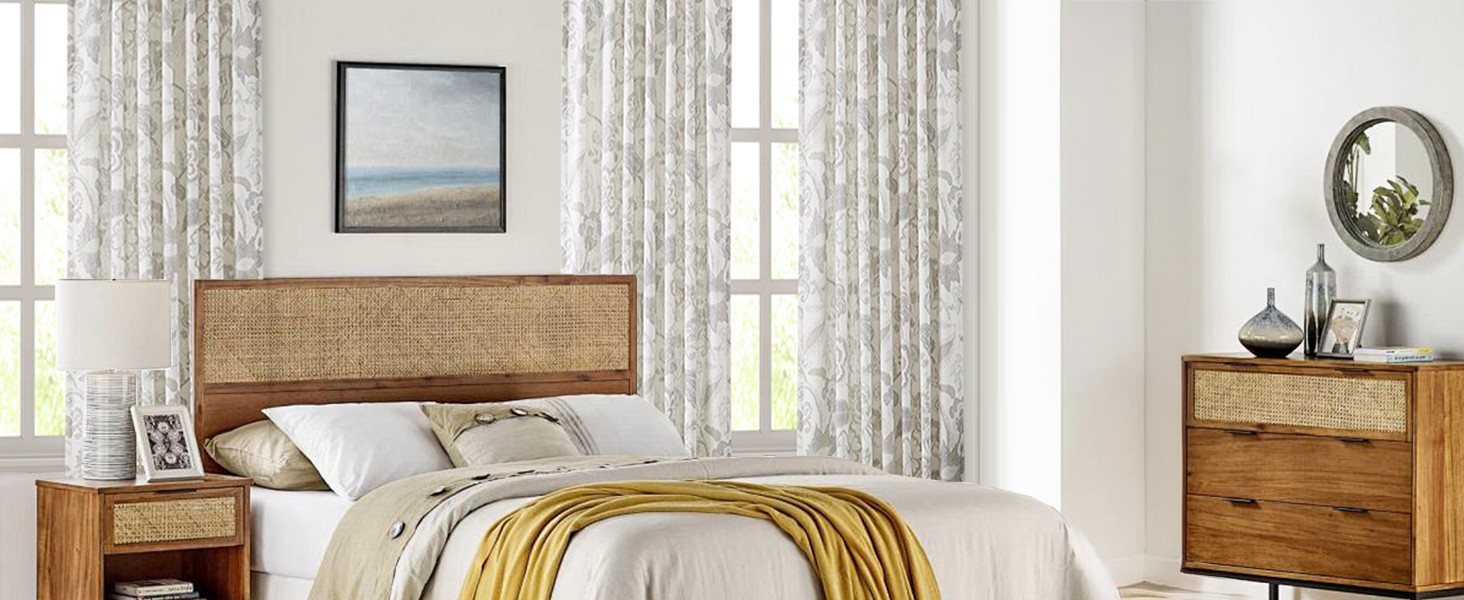 Floral Leaf Print Light Filtering Curtains Grey Linen Botanical Leaf Flower