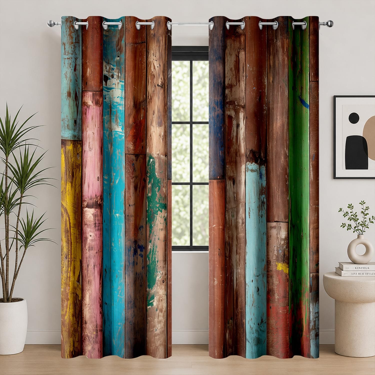 Colorful Wooden Blackout Curtains 2 Panel Sets，Rustic Wood Plank Barn Door Fa…
