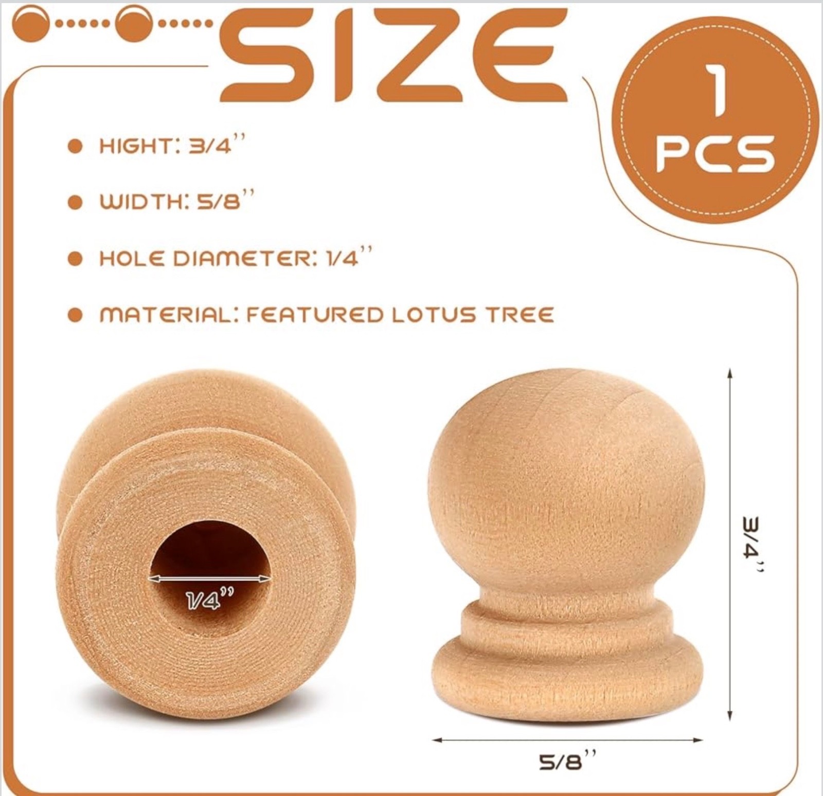 Pinkunn 150 Pcs Wood Finials Dowel Rods Caps 3/4 Inch Tall with 1/4 Inch Hole Un