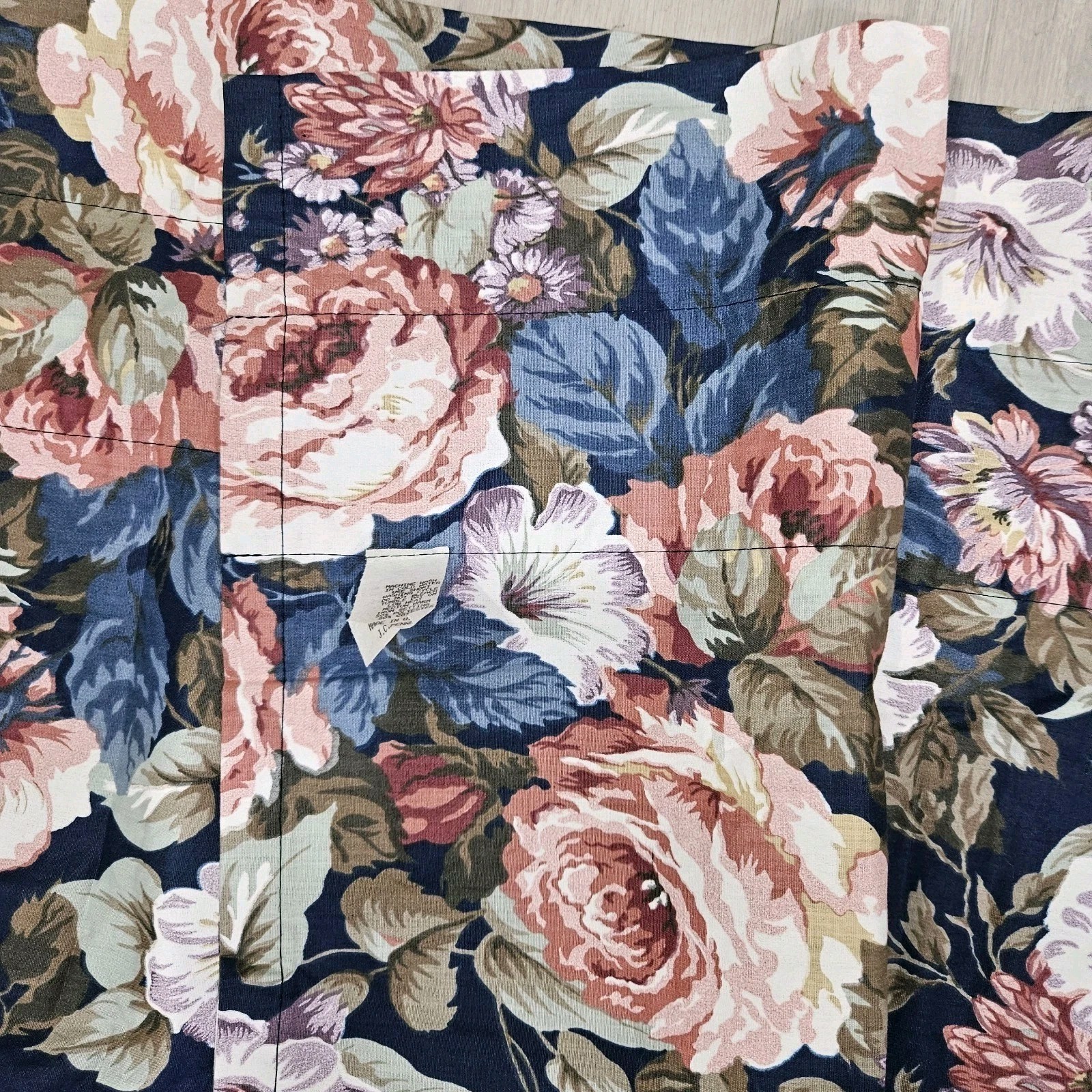 VTG JC Penney Big Pink Floral Roses Window Valances Navy Blue Chintz Pair 70X18″