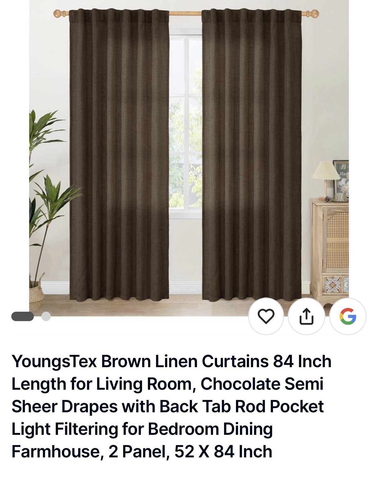 YoungsTex Brown Linen Curtain Panels 52 x 84 in Light Filtering Back Tab