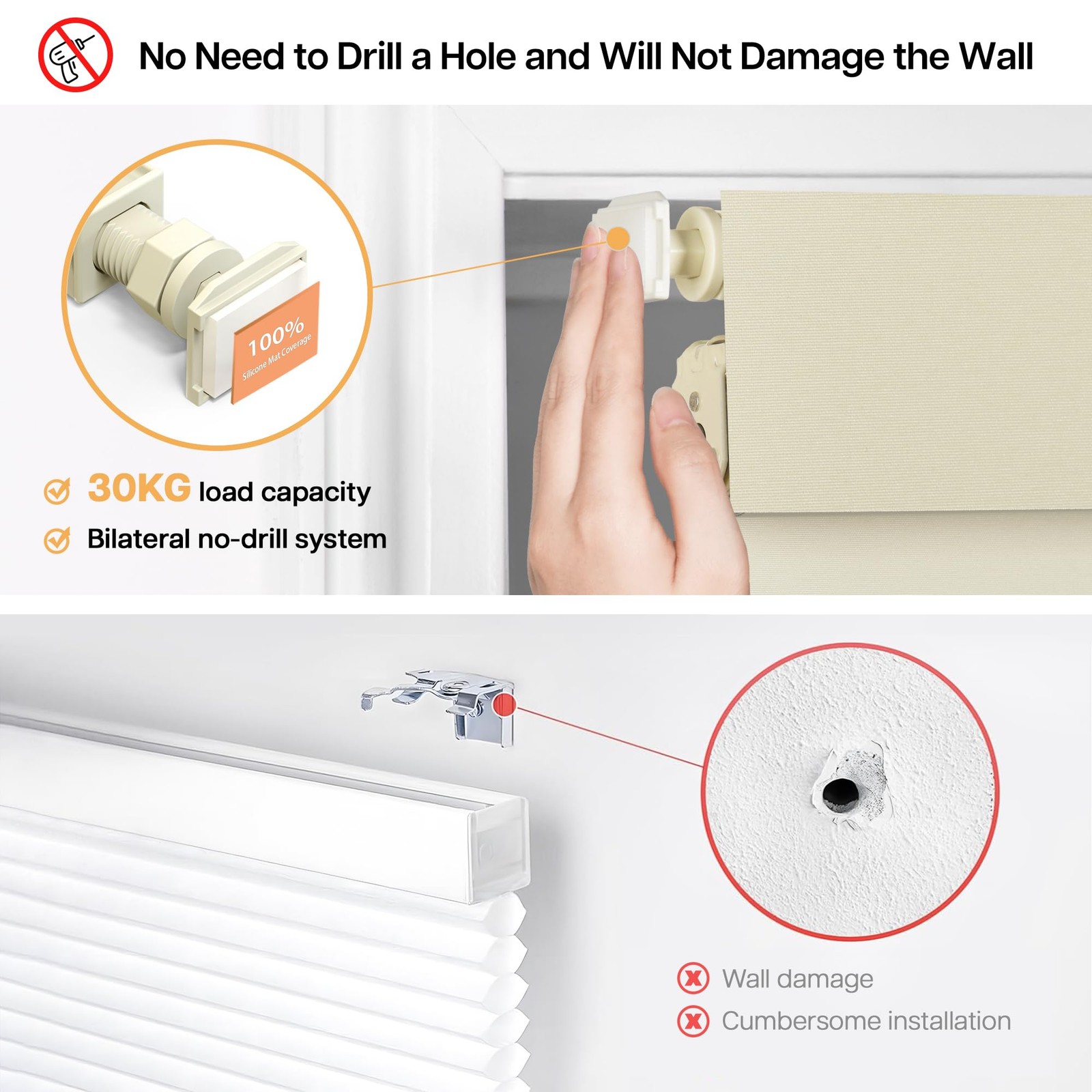 LazBlinds No Drill Blackout Roller Shades, Cordless Thermal, UV Protect, Beige