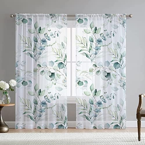 Green Eucalyptus Leaves Curtains for Living Room 96 inch Length 2 Panels Set