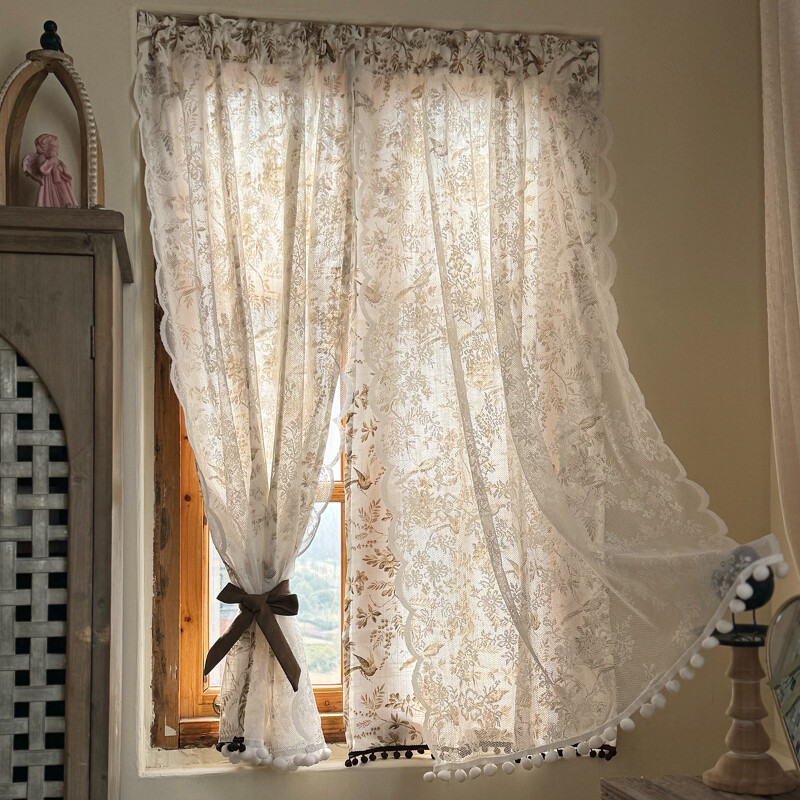 Double Layers Lace Printed Door Curtain Breathable Retro Window Drape Modern New