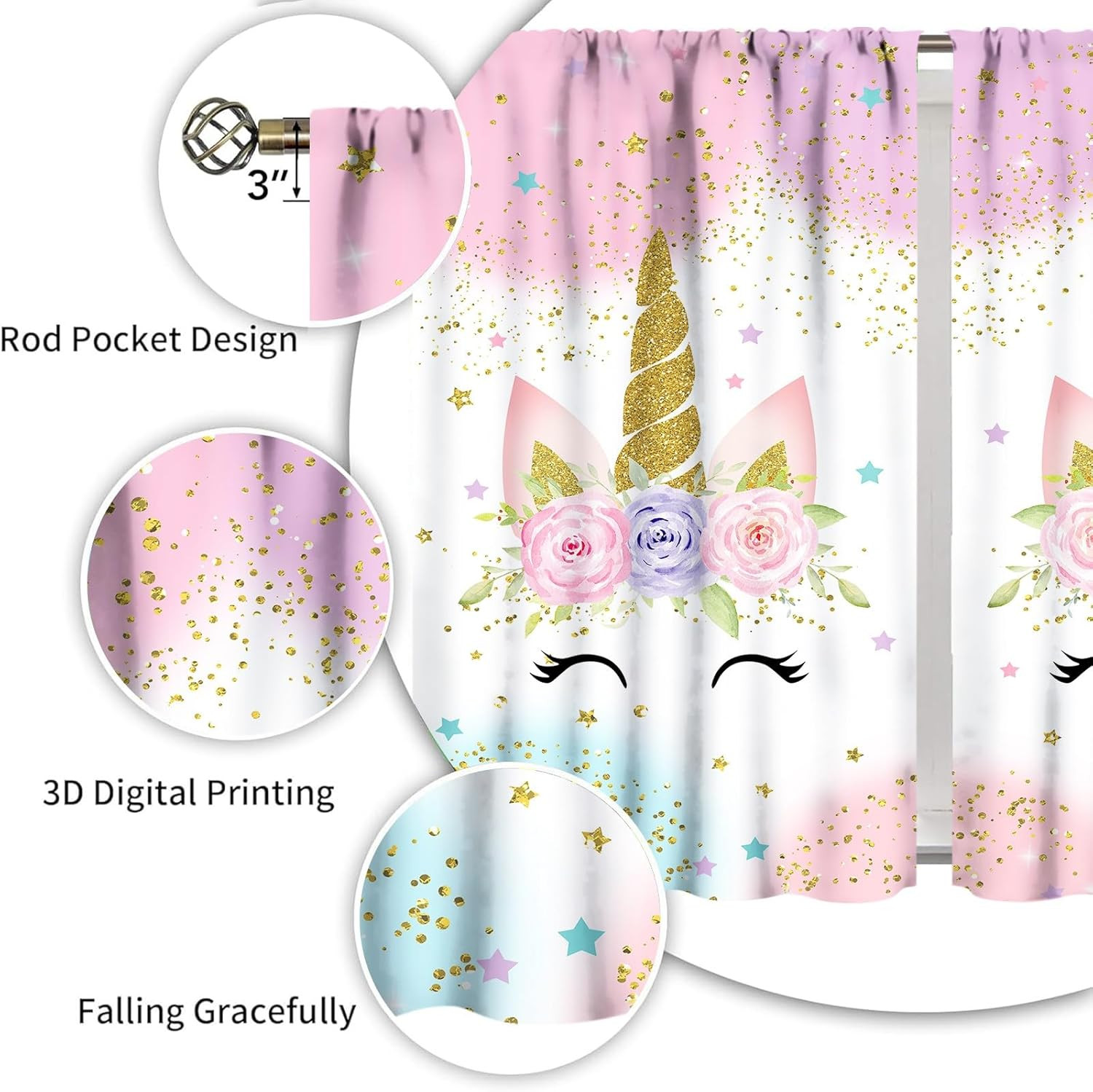 Unicorn Curtains for Girls Bedroom,Pink Fantasy Rainbow Unicorn Windows Treatme