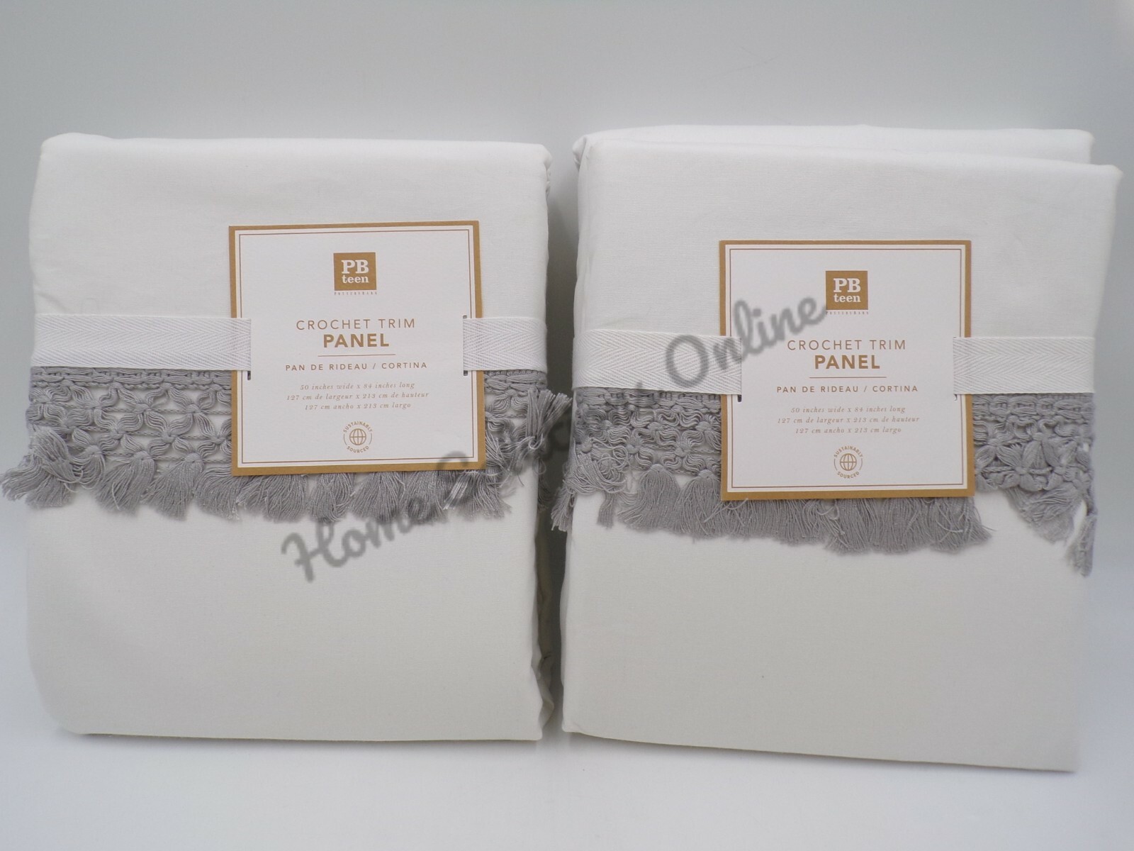 Pottery Barn Teen Crochet Trim Fringe Border Drape Panel 84 Light Gray S/2 9646B