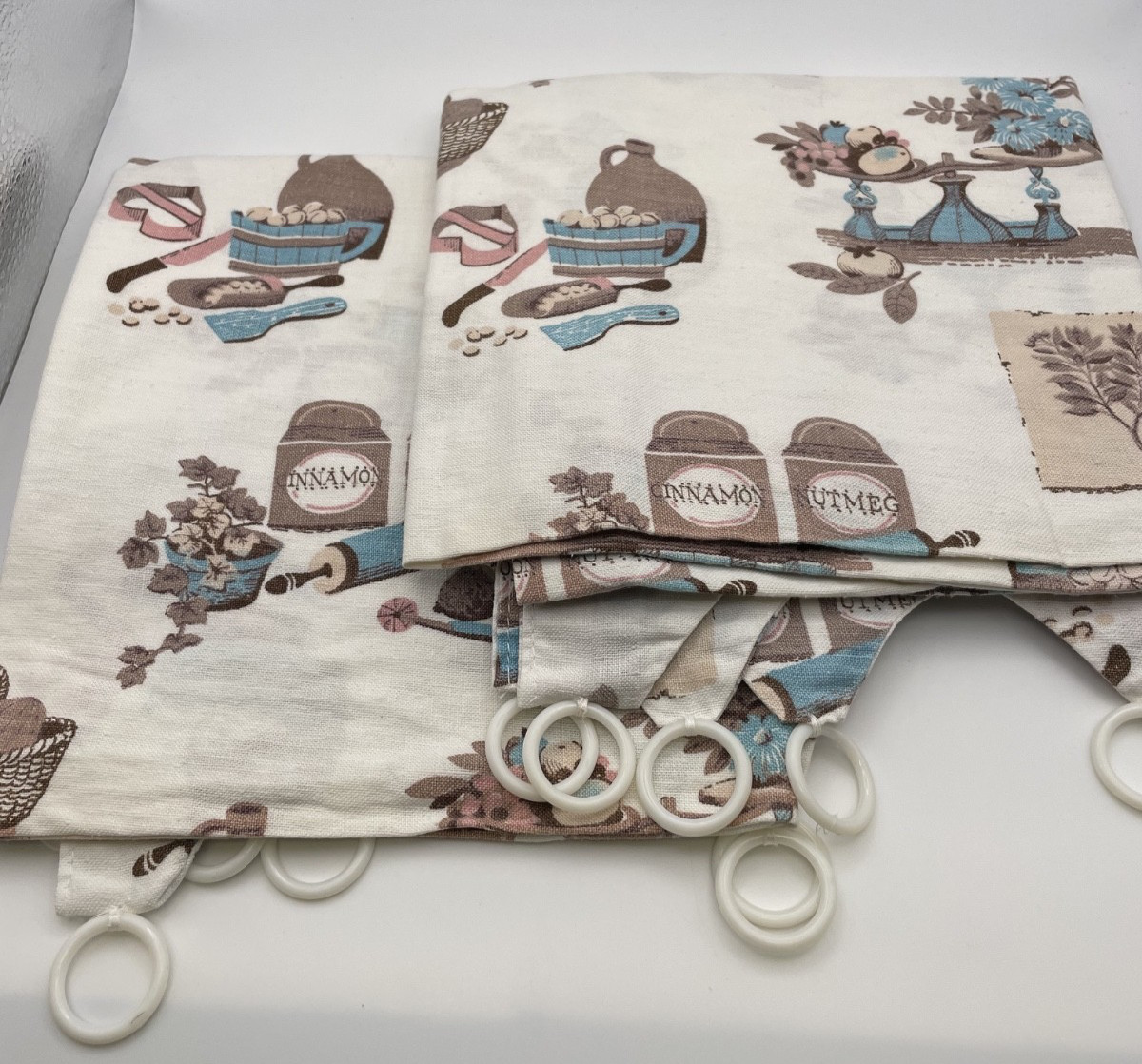 Vintage MCM Cotton Cafe Curtains – Handmade – Kitchen Baking Design – 18” x 32″