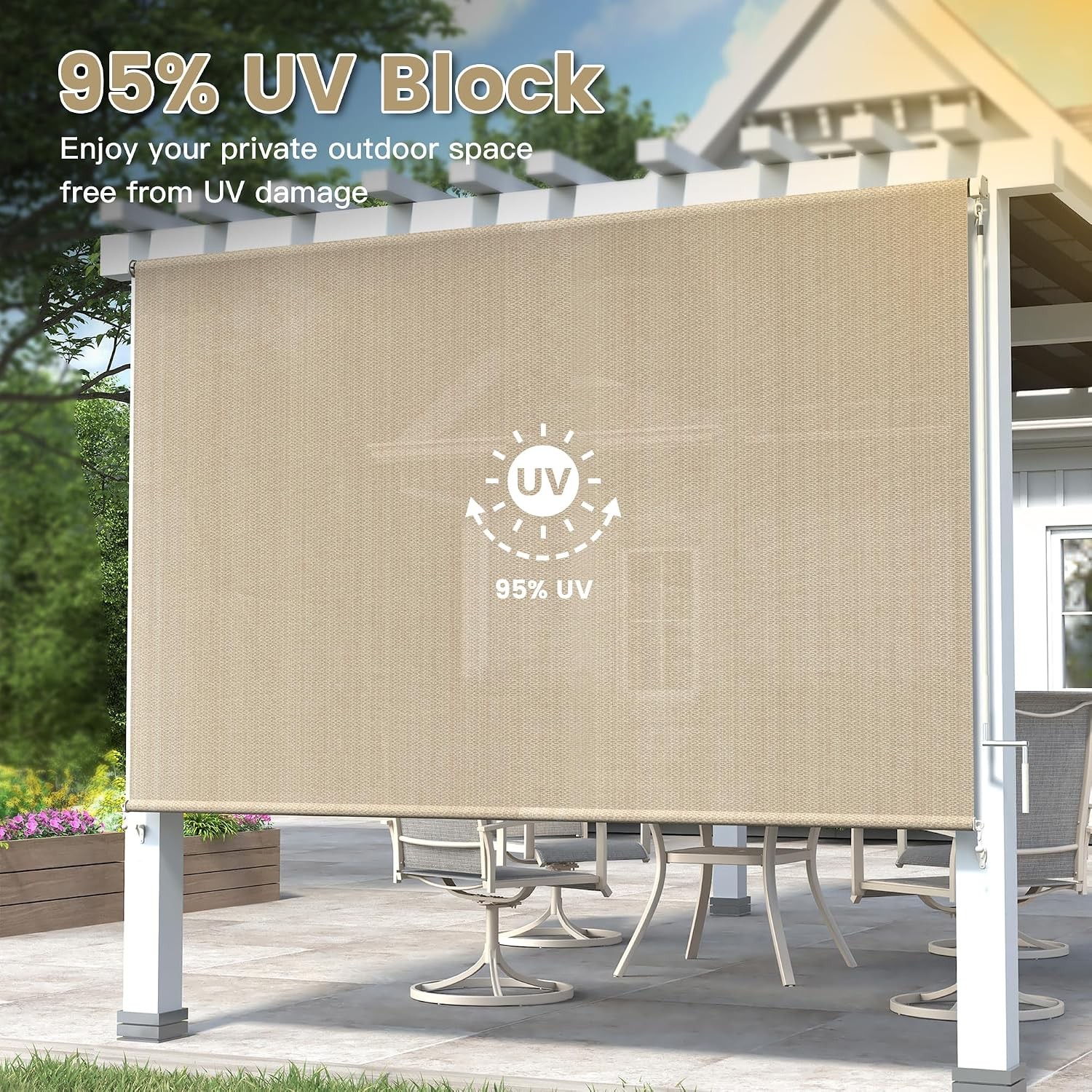 Outdoor Roller Shade 10′ W x 8′ H, Exterior Cordless Patio Shades Roll Up Blinds