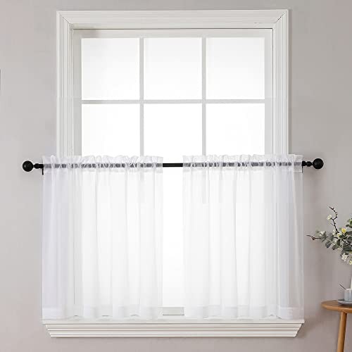 Sheer Tier Curtains 24 Inch Length Set, Small 42″W x 24″L (Pack of 2) White