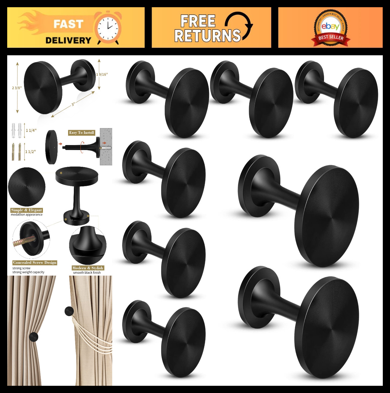 8 Pack Curtain Holdbacks – Metal Tieback Hooks for Drapes & Drapery, Black