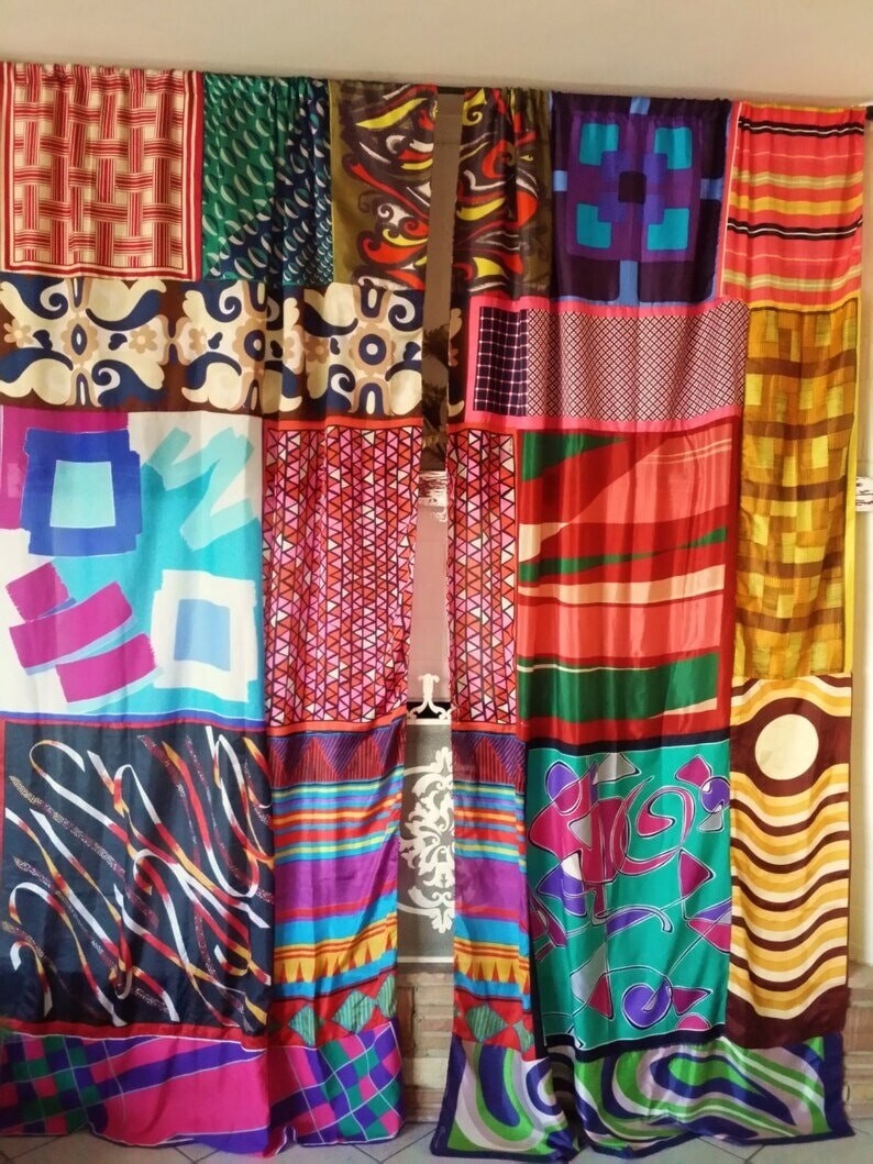 2 Pcs Recycle Patchwork Curtain Drape Window Decor Multi Silk Sari Curtain