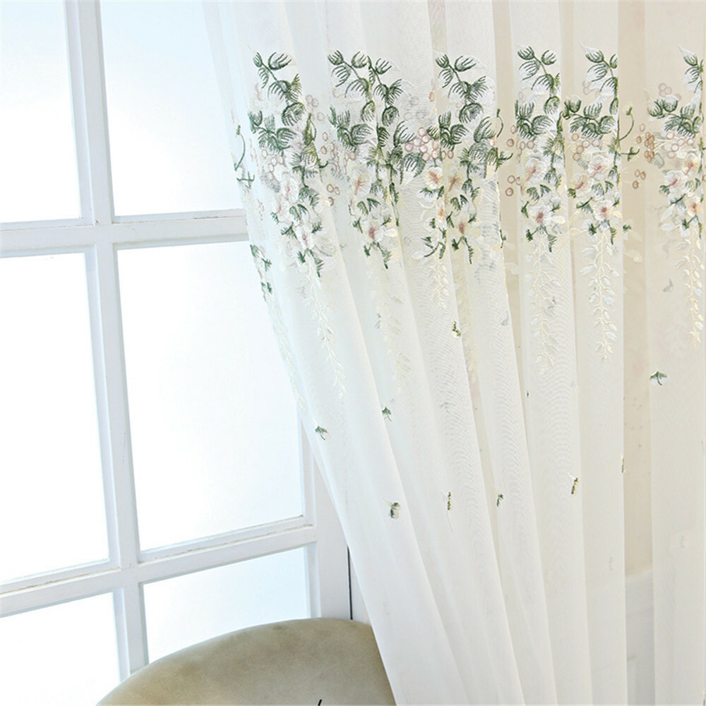 Floral Embroidered Sheer Curtain Elegant Tulle Voile Window Treatment 1 Piece
