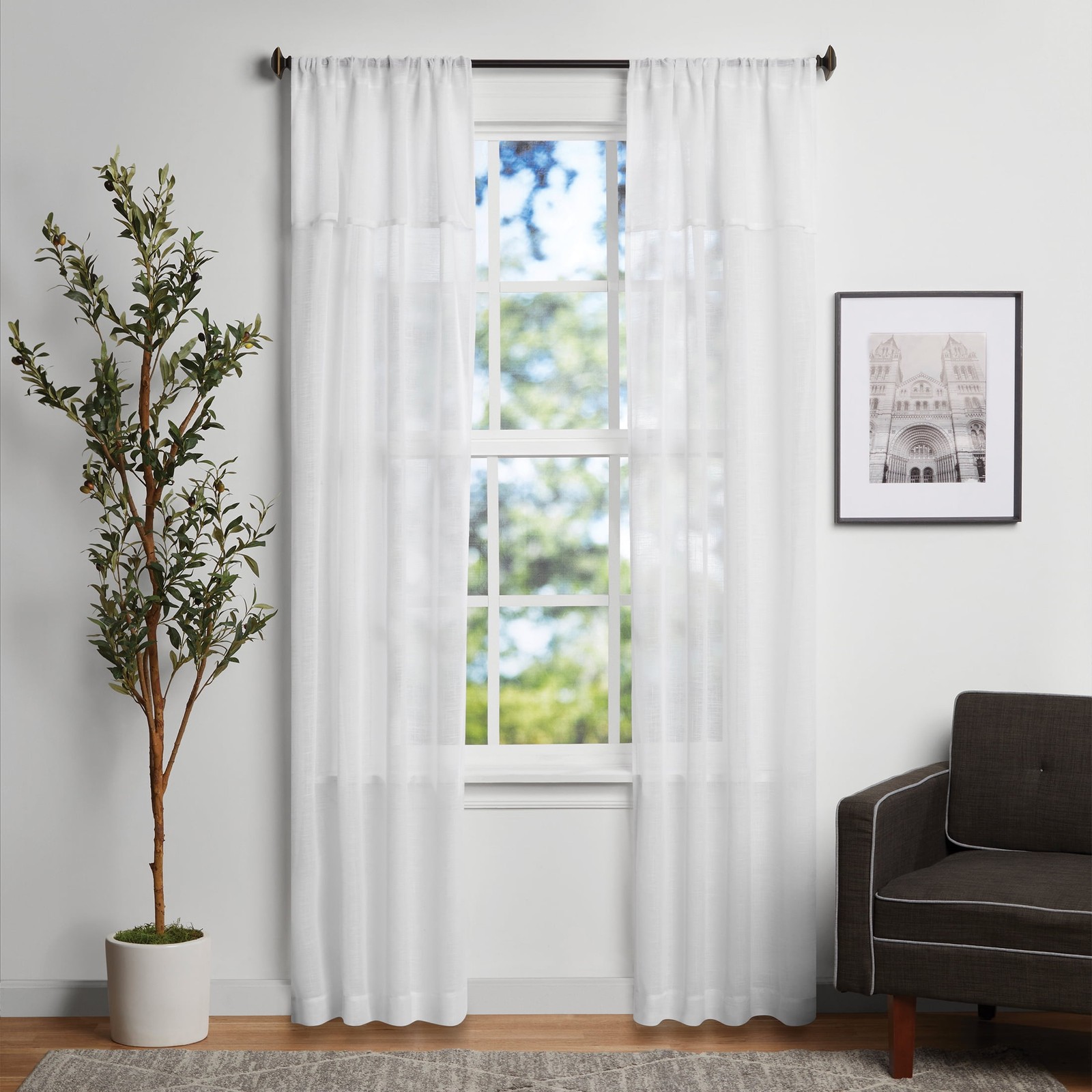 Sheer Curtain Panel Pair W/ Attached Valance Set of 2 White 37″W x 84″L
