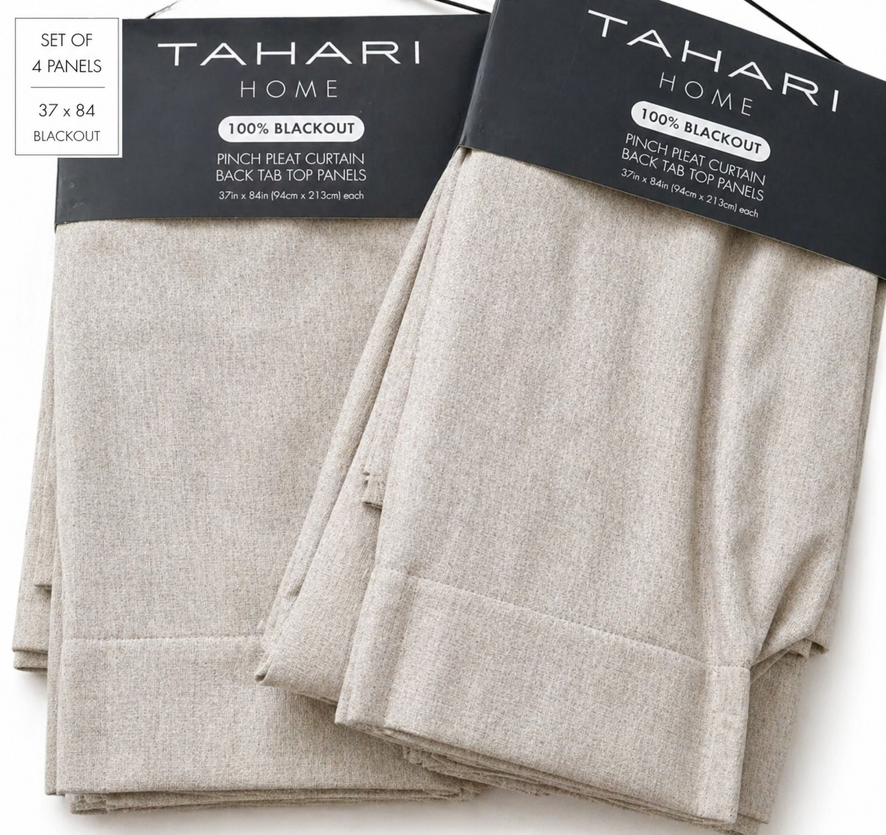 Tahari Home set of 4 Pinch Pleat Curtains Blackout Oatmeal Beige New 37×84