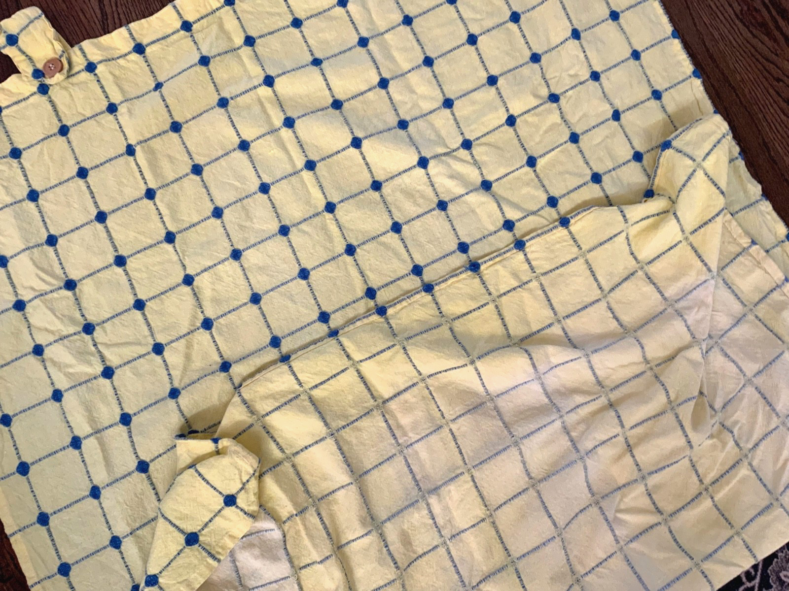 Crewel embroidery handmade window curtains set checker wood buttons yellow blue