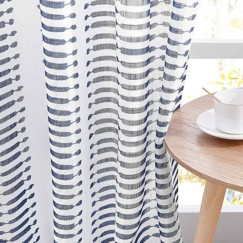 Sheer Curtains W/ Navy Stripe Pattern Light Filter Grommet Top Home Decoration