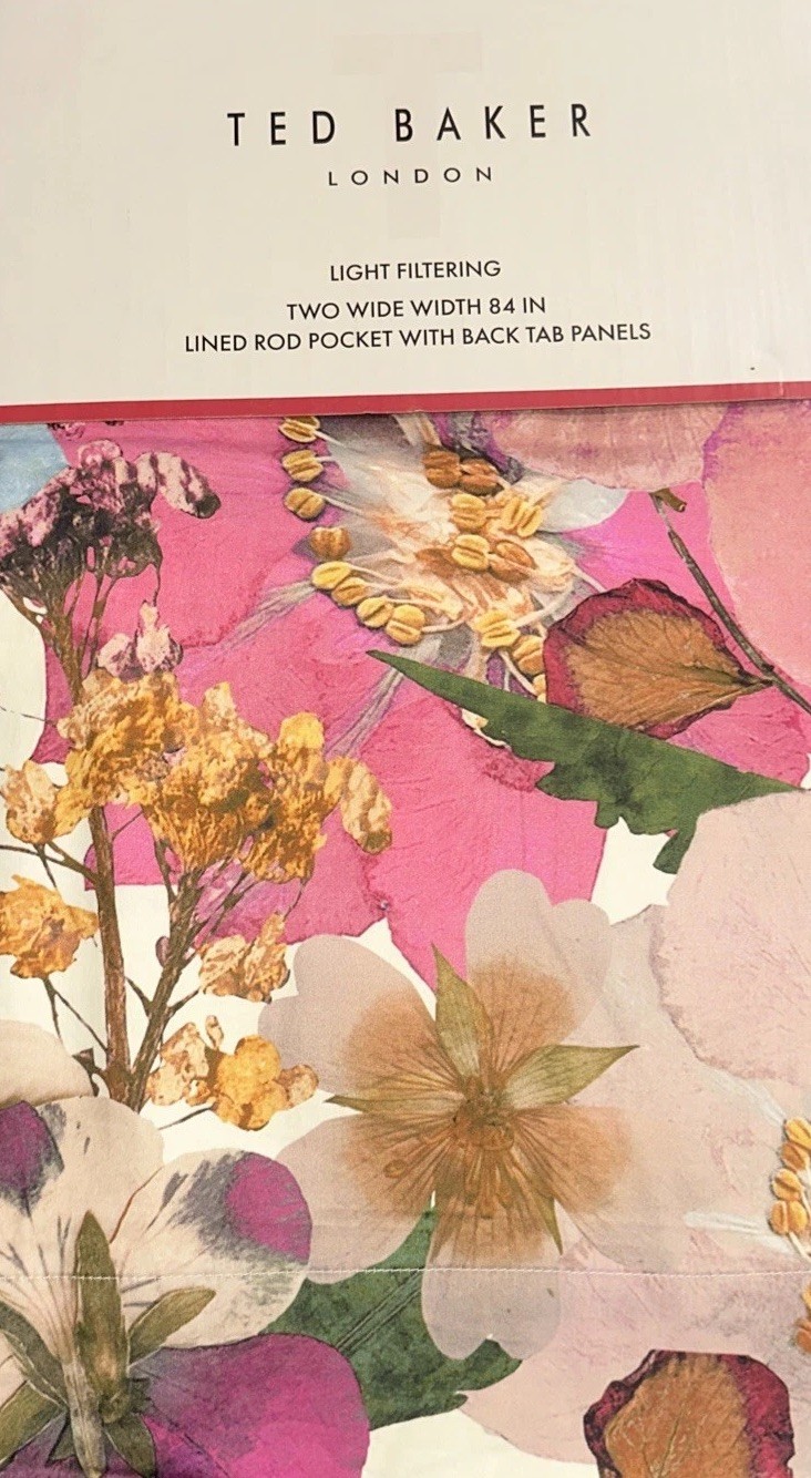 NWT Ted Baker 2 pc LINED Window Curtain Panels Pink Floral 100% Cotton 50” x 84”