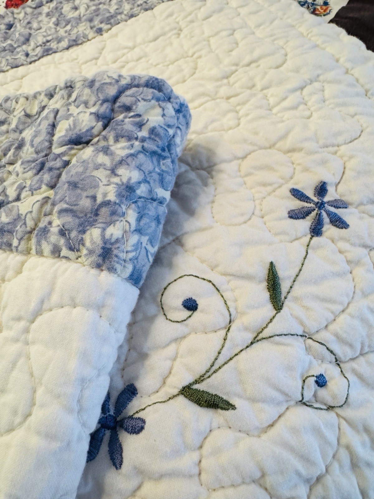 JCPenney Blue * Ivory COTTAGE Valance Quilted & Embroidery 14″ x 50″ FLORALS 3AV