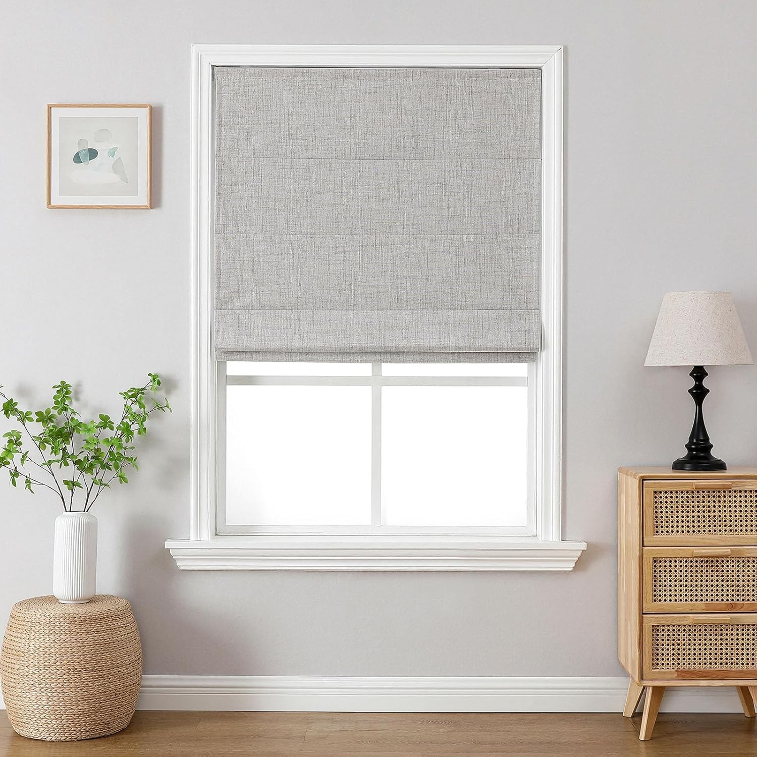 Cordless Roman Shades 34″ W x 75″ H Greyish White Linen Blackout Blinds