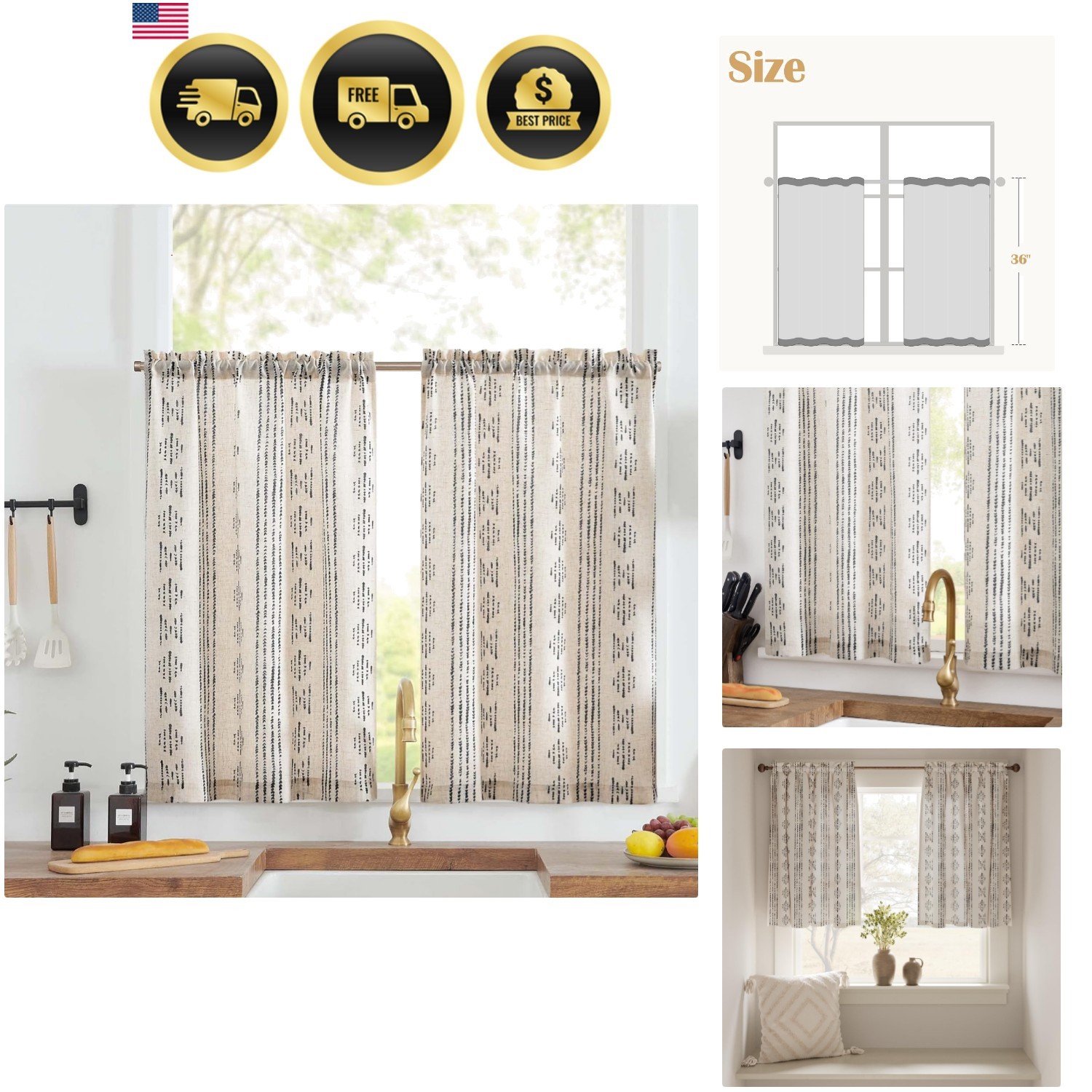 Boho Kitchen Curtains Linen Tier Curtains 36 Inches Bohemian Cafe Small Drape…