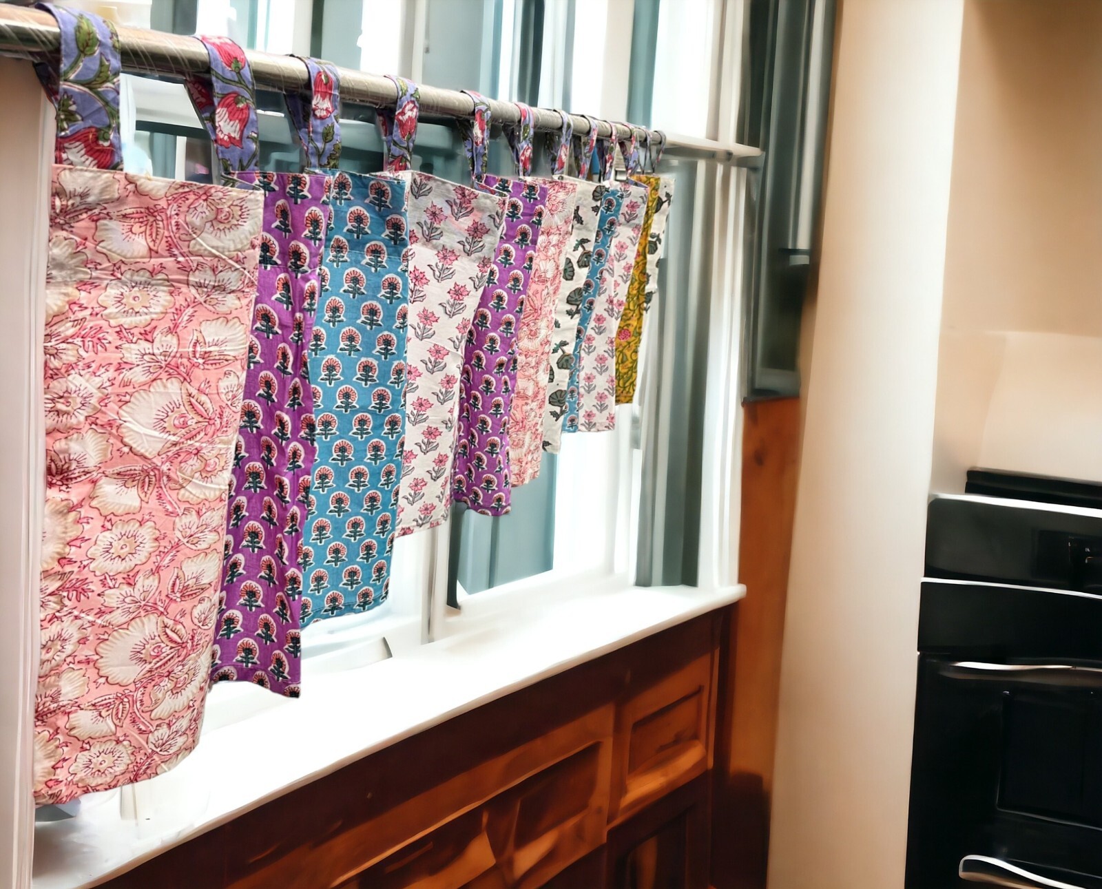 Patchwork Boho Window Curtain Valance , Multicolour Floral Rod Pocket Valances