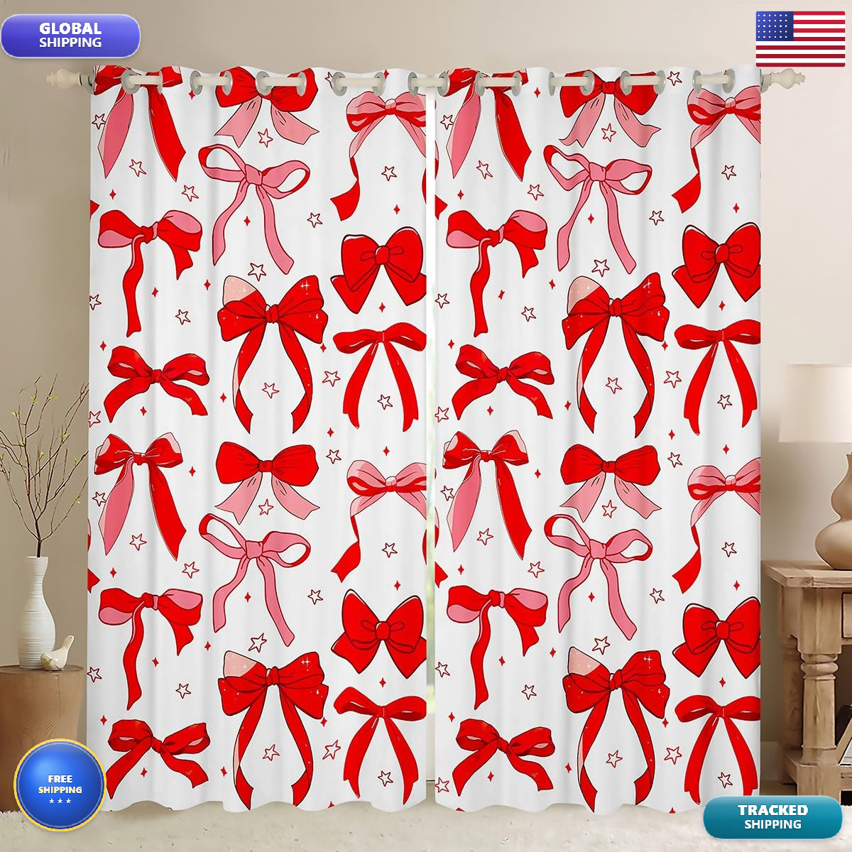 Feelyou Red Bowknot Decor Curtains For Girls Adults Watercolor Red Bow Kids