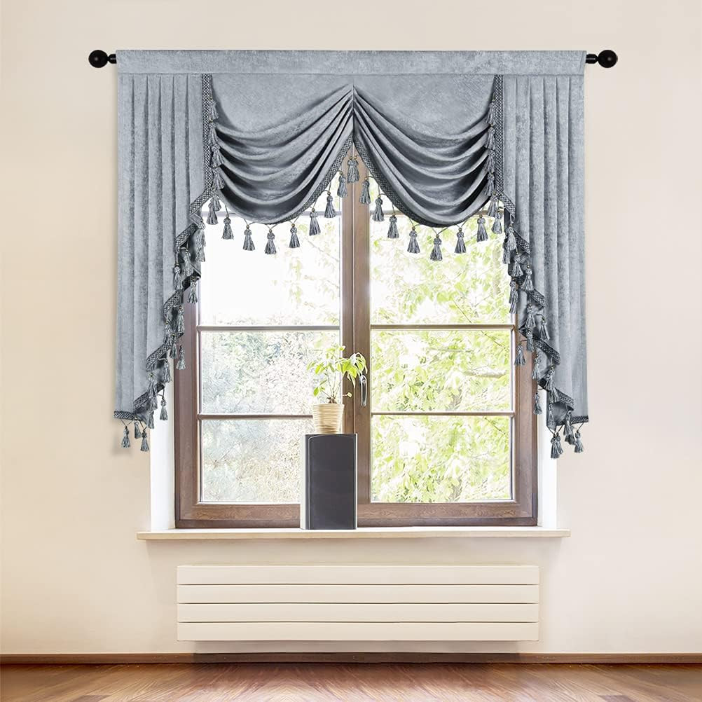 Silver Grey Chenille Waterfall Valance Curtain for Living Room & Bedroom