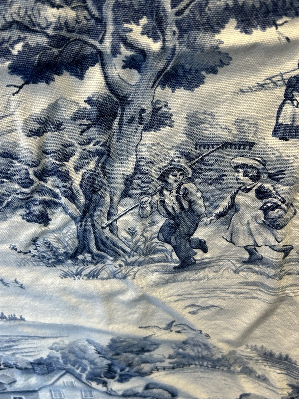 Blue White Farm Toile Fabric Curtains 2 Panels Farm house Country 49″ x 20″ L8
