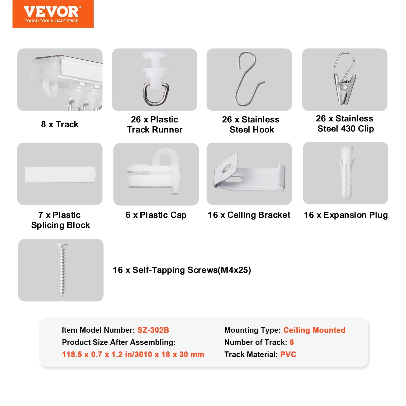 White Sliding Curtain Track System With 8 Customizable 14.8 Inch Lengths