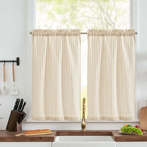 Linen Kitchen Curtains 26″W x 36″L (Pack of 2) Rod Pocket Striped Beige