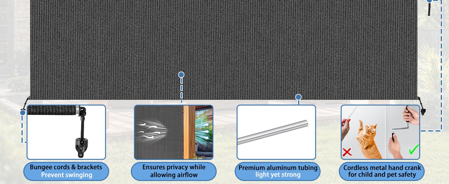 10’W x 8’H Gray Outdoor Roller Shade with Crank Wand Patio Shades Roll up,