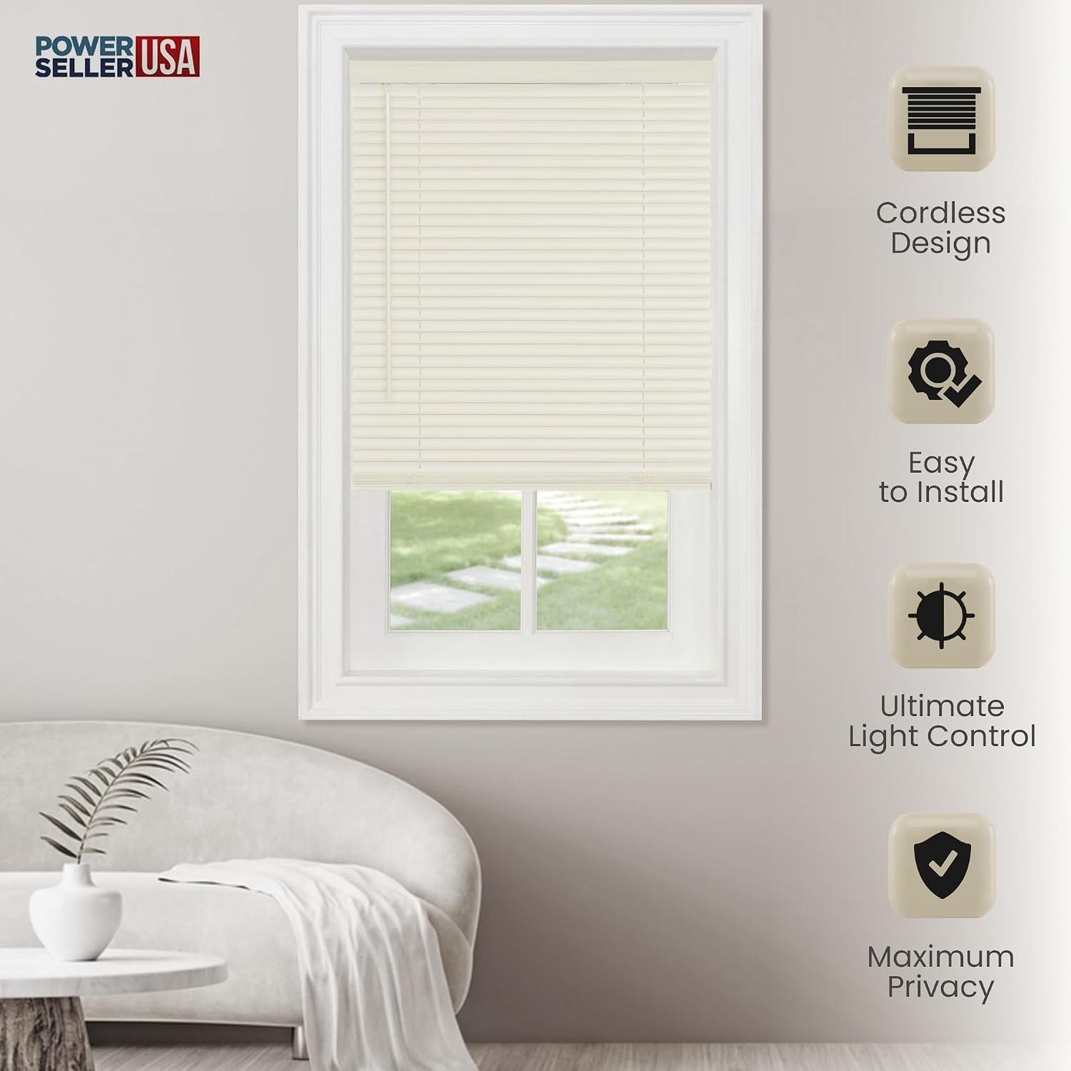 PowerSellerUSA Cordless Vinyl Mini Blinds 34×64 Inch Alabaster