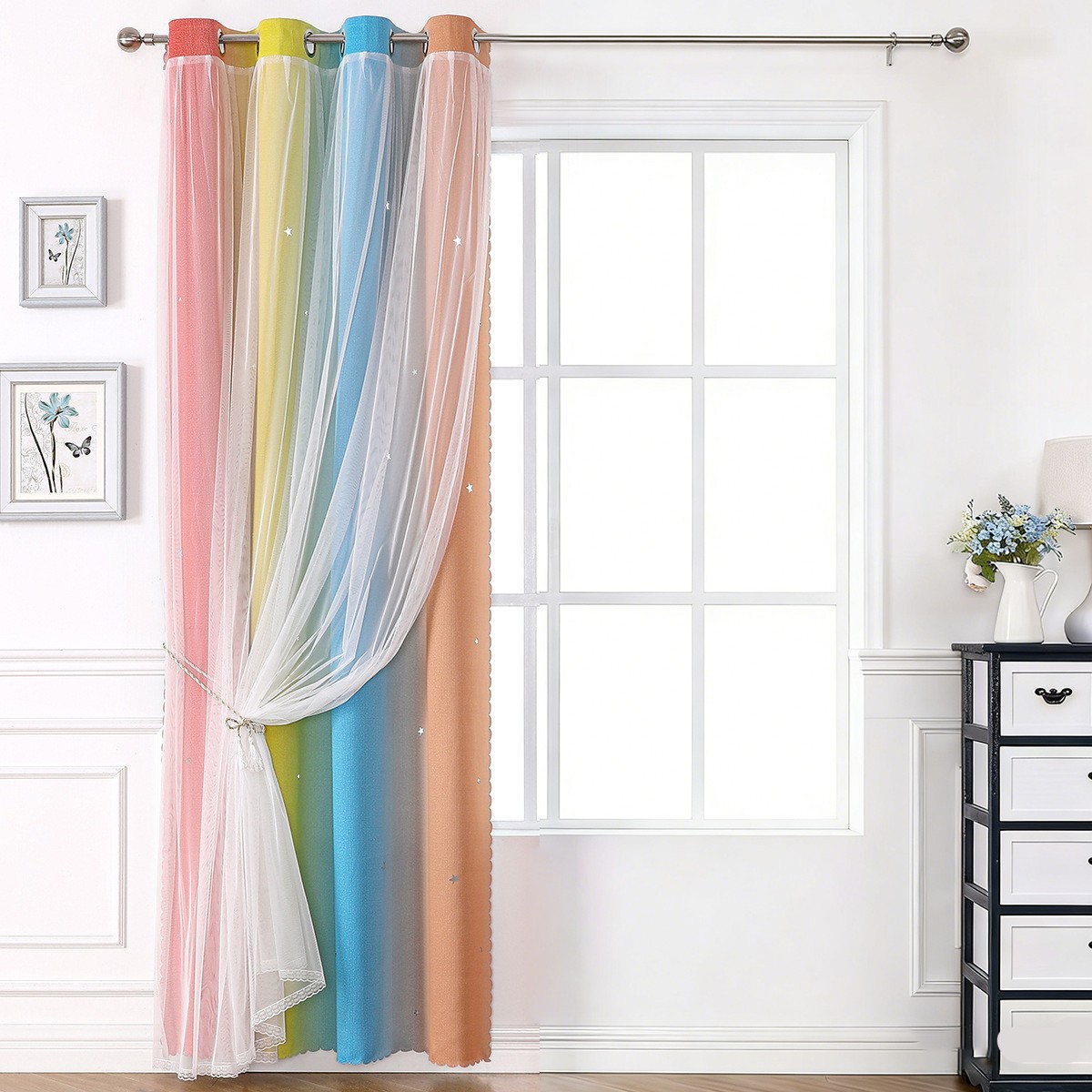 Ethereal Glow Blackout Curtains Light Blocking Lining Double Layer Lace Trim