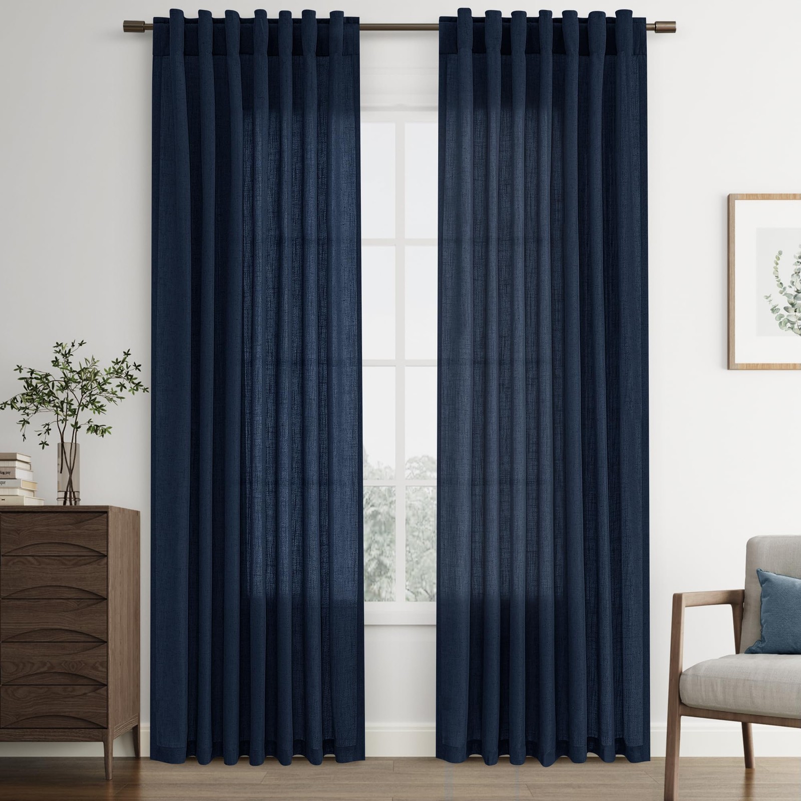 Navy Blue Back Tab Rod Pocket Linen Curtains 96 Inches Long 2 Panels for Livi…