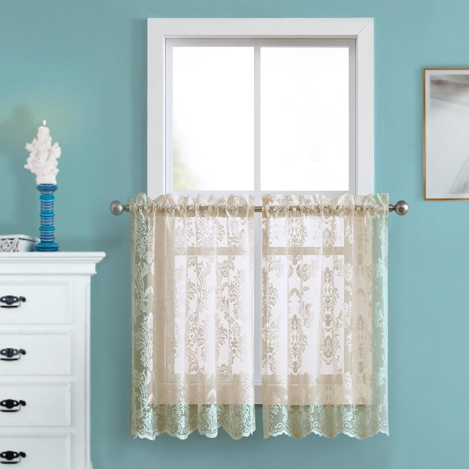 Pair of 30 Inches Wide X 36 Inches Long Gold Linen Knitted Lace Kitchen Tier Cur