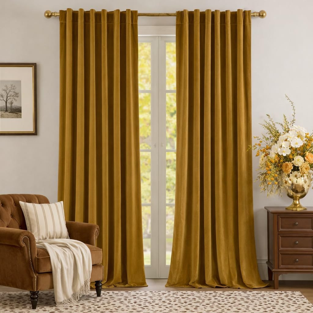 Luxury Blackout Gold Velvet Curtains, 52×96 Inch, 2 Panels for Home Decor