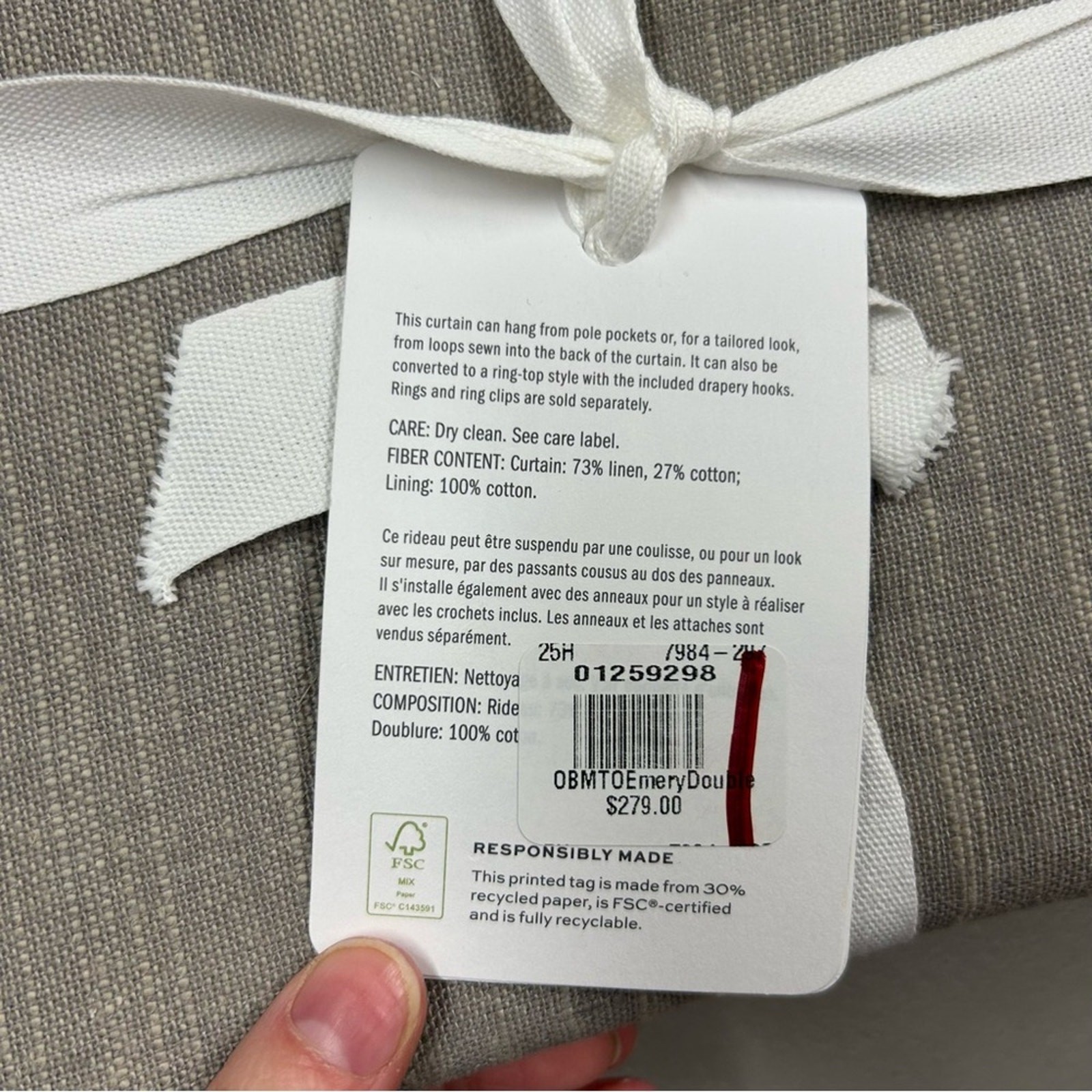 Pottery Barn Emery Curtain Window Panel Linen Light Filtering 100″ W x 84″ L NEW