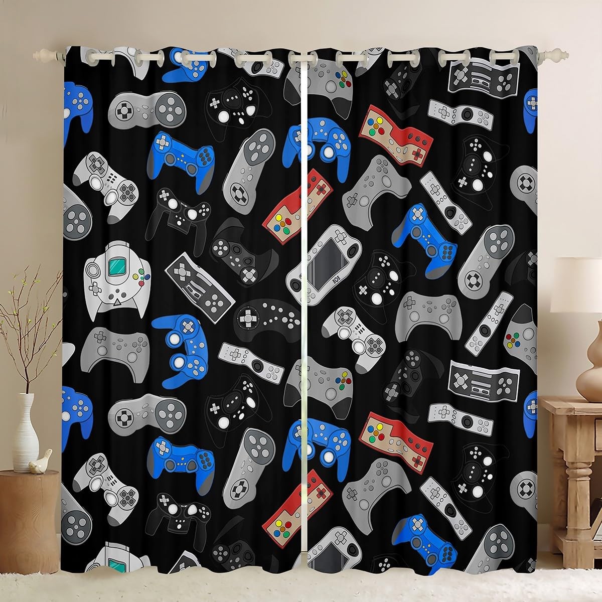 Gamer Curtains for Boys Room,Blue Black Video Gamer for Boys Teen Bedroom Win…
