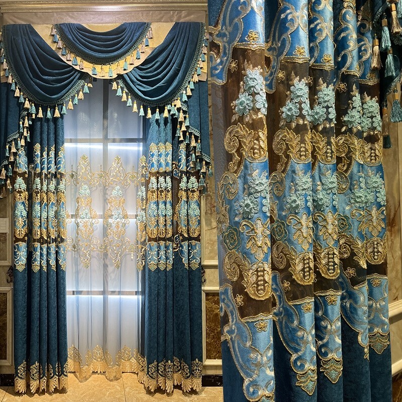 Custom Luxury embroidery hollow Chenille blue cloth curtain valance drape C2115