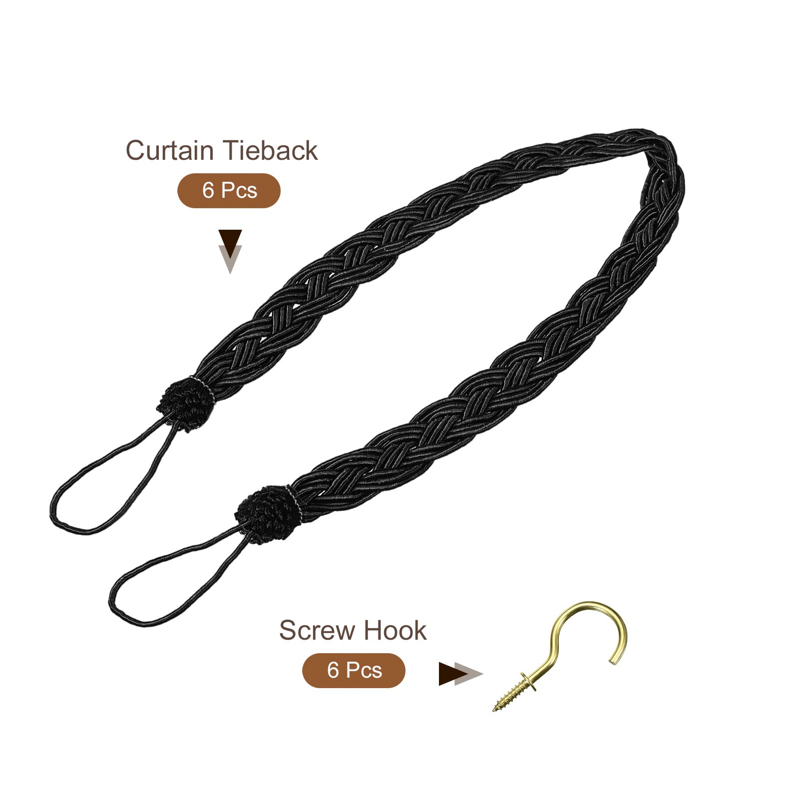 6Pcs 23″ Curtain Tiebacks Braid Drapery Holdback Holder with Hooks Black